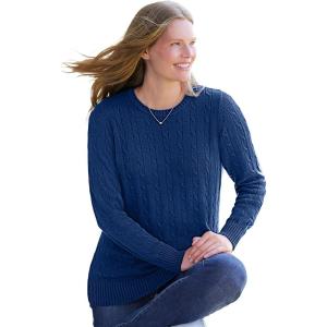 Woman Within Plus Size Cable Knit Pullover Crewneck Sweater(Evening Blue)