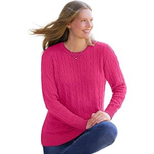 Woman Within Plus Size Cable Knit Pullover Crewneck Sweater(Raspberry Sorbet)