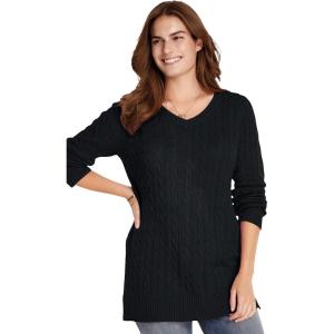 Woman Within Plus Size Cable Knit V-Neck Pullover Sweater(Black)