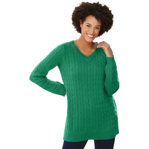 Woman Within Plus Size Cable Knit V-Neck Pullover Sweater(Emerald)