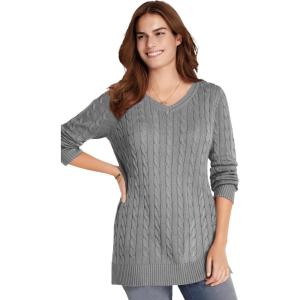 Woman Within Plus Size Cable Knit V-Neck Pullover Sweater(Medium Heather Grey)