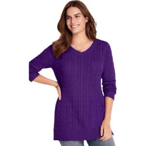 Woman Within Plus Size Cable Knit V-Neck Pullover Sweater(Radiant Purple)