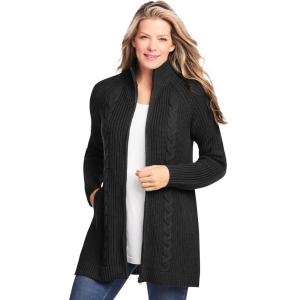 Woman Within Plus Size Cabled Zip-Front Cardigan(Black)