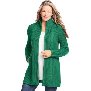 Woman Within Plus Size Cabled Zip-Front Cardigan(Emerald)