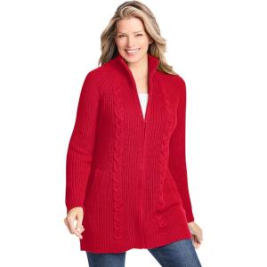 Woman Within Plus Size Cabled Zip-Front Cardigan(Vivid Red)