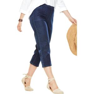 Woman Within Plus Size Capri Elastic Waist Stretch Fineline Denim Jean (Petite Available)(Indigo Sanded)