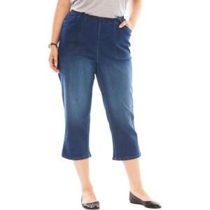 Woman Within Plus Size Capri Elastic Waist Stretch Fineline Denim Jean (Petite Available)(Stonewash Sanded)