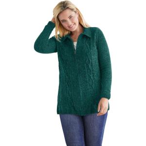 Woman Within Plus Size Chenille Zip Cable Cardigan(Emerald Green)