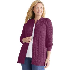 Woman Within Plus Size Cotton Cable Knit Cardigan Sweater(Deep Claret)
