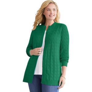 Woman Within Plus Size Cotton Cable Knit Cardigan Sweater(Emerald)