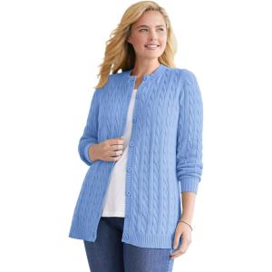 Woman Within Plus Size Cotton Cable Knit Cardigan Sweater(French Blue)