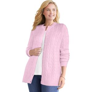 Woman Within Plus Size Cotton Cable Knit Cardigan Sweater(Pink)