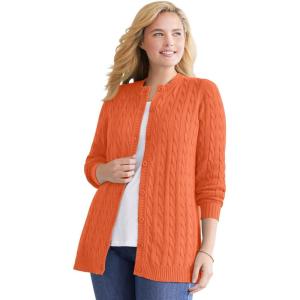 Woman Within Plus Size Cotton Cable Knit Cardigan Sweater(Vibrant Papaya)