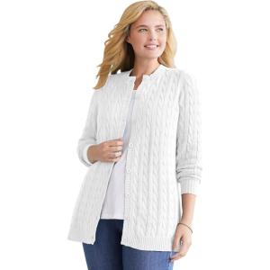Woman Within Plus Size Cotton Cable Knit Cardigan Sweater(White)