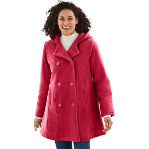 Woman Within Plus Size Double-Breasted Hooded Fleece Peacoat(Classic Red)