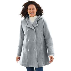 Woman Within Plus Size Double-Breasted Hooded Fleece Peacoat(Gunmetal)
