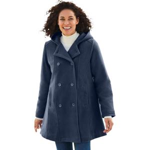 Woman Within Plus Size Double-Breasted Hooded Fleece Peacoat(Navy)