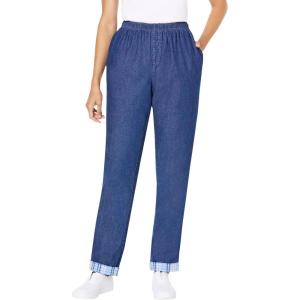 Woman Within Plus Size Elastic-Waist Cotton Straight Leg Denim Pant with Flannel Lining(Medium Stonewash)