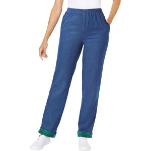 Woman Within Plus Size Elastic-Waist Cotton Straight Leg Denim Pant with Flannel Lining(Medium Stonewash Green)