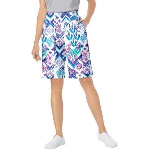 Woman Within Plus Size Elastic-Waist Knit Short(White Multi Batik)