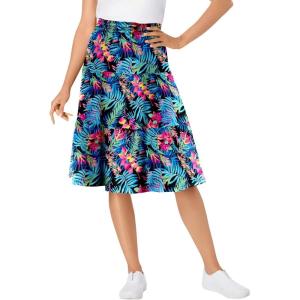 Woman Within Plus Size Elastic-Waist Knit Tiered Skirt(Black Multi Watercolor Tropicana)