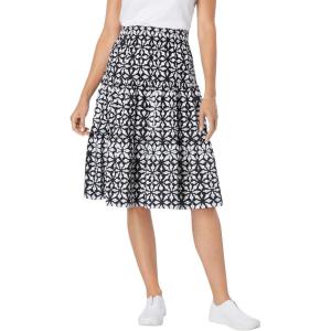 Woman Within Plus Size Elastic-Waist Knit Tiered Skirt(Black Watercolor Tile)