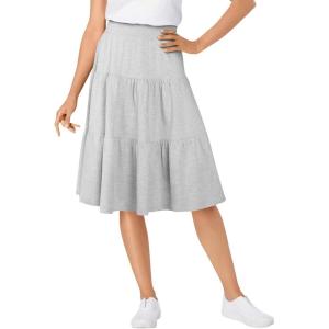 Woman Within Plus Size Elastic-Waist Knit Tiered Skirt(Heather Grey)