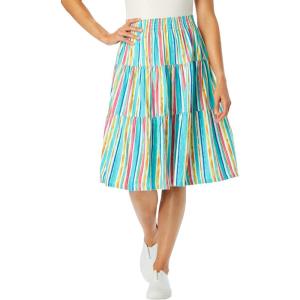 Woman Within Plus Size Elastic-Waist Knit Tiered Skirt(White Multi Watercolor Stripe)