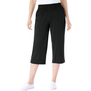 Woman Within Plus Size Elastic-Waist Pull-On Knit Pocket Capri Pants(Black)
