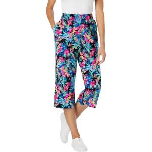 Woman Within Plus Size Elastic-Waist Pull-On Knit Pocket Capri Pants(Black Multi Watercolor Tropicana)