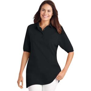 Woman Within Plus Size Elbow-Sleeve Polo Tunic(Black)
