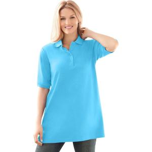 Woman Within Plus Size Elbow-Sleeve Polo Tunic(Paradise Blue)