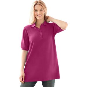Woman Within Plus Size Elbow-Sleeve Polo Tunic(Raspberry)