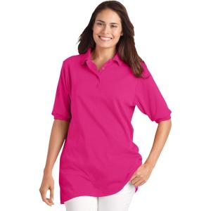 Woman Within Plus Size Elbow-Sleeve Polo Tunic(Raspberry Sorbet)