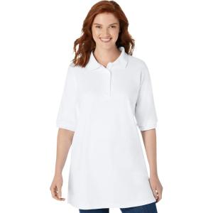 Woman Within Plus Size Elbow-Sleeve Polo Tunic(White)