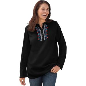 Woman Within Plus Size Embroidered Thermal Henley Tee(Black Vine Embroidery)