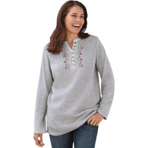 Woman Within Plus Size Embroidered Thermal Henley Tee(Heather Grey Vine Embroidery)