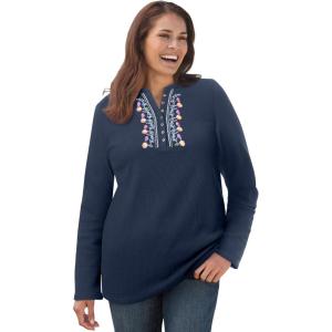 Woman Within Plus Size Embroidered Thermal Henley Tee(Navy Vine Embroidery)