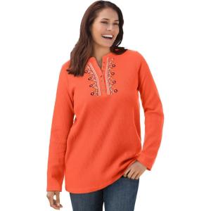 Woman Within Plus Size Embroidered Thermal Henley Tee(Pumpkin Vine Embroidery)
