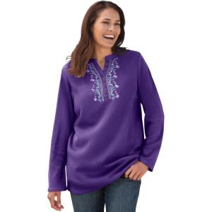 Woman Within Plus Size Embroidered Thermal Henley Tee(Radiant Purple Vine Embroidery)
