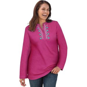 Woman Within Plus Size Embroidered Thermal Henley Tee(Raspberry Vine Embroidery)