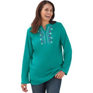 Woman Within Plus Size Embroidered Thermal Henley Tee(Waterfall Vine Embroidery)