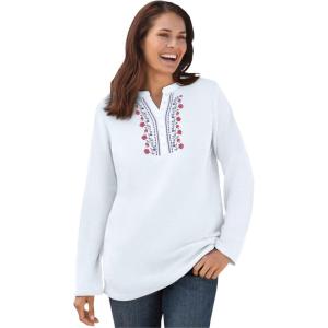Woman Within Plus Size Embroidered Thermal Henley Tee(White Vine Embroidery)