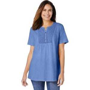Woman Within Plus Size Eyelet Henley Tee(French Blue)