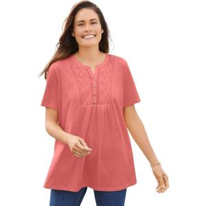 Woman Within Plus Size Eyelet Henley Tee(Sweet Coral)