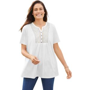 Woman Within Plus Size Eyelet Henley Tee(White)