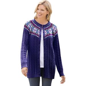 Woman Within Plus Size Fair Isle Cardigan(Navy Fair Isle Stripe)