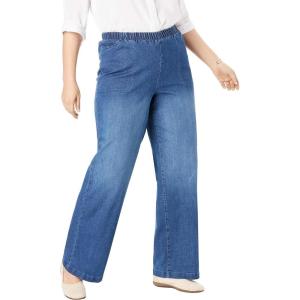 Woman Within Plus Size Fineline Stretch Denim Wide-Leg Pull-On Jeans(Stonewash Sanded)