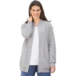 Woman Within Plus Size Fleece Baseball Jacket Long Oversized Fleece Coat(Heather Grey)