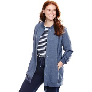 Woman Within Plus Size Fleece Baseball Jacket Long Oversized Fleece Coat(Heather Navy)